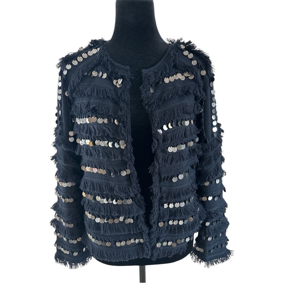 $268 Kobi Halperin Navy Blue Fringe Sequin Jacket Cardigan - Picture 1 of 9